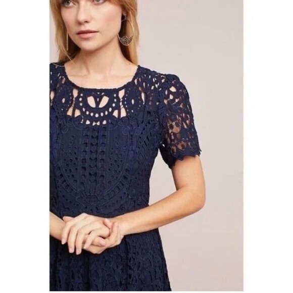 Anthropologie ERI + ALI Lattice Lace Navy Blue Fit N’ Flare Dress shortsleeve XS - Picture 4 of 16